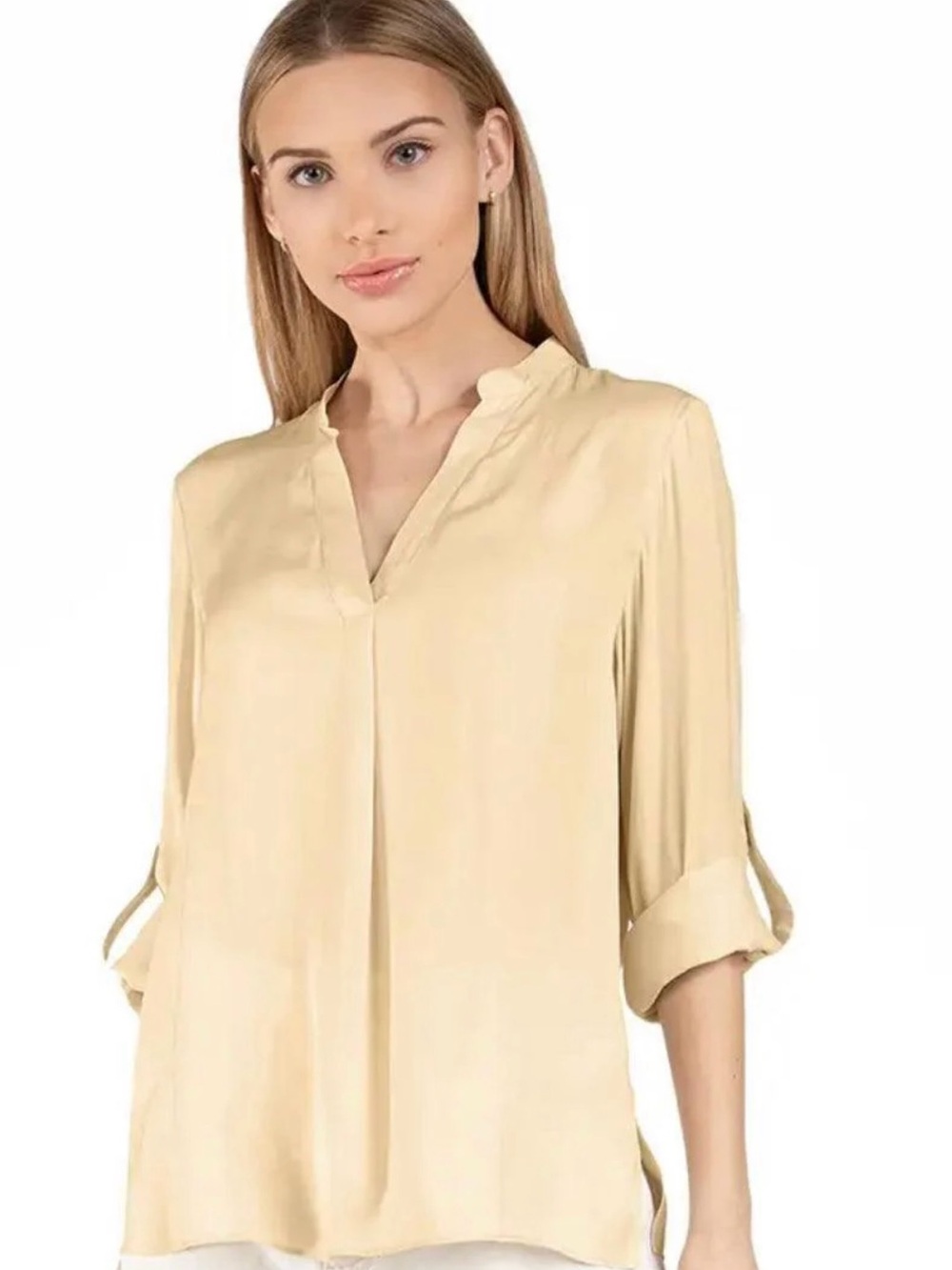 Naked Zebra Off-White V-Neck Roll Sleeve Blouse